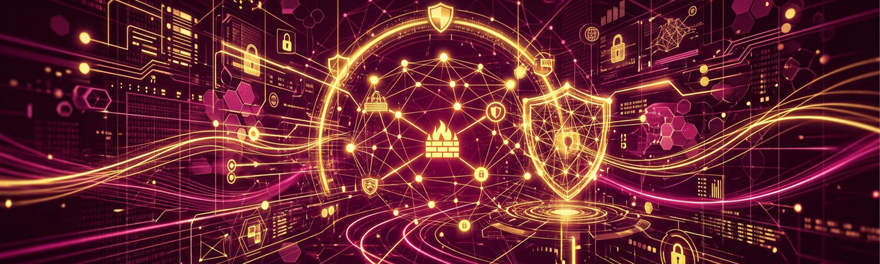 CyberSecurity Header High tech header image with abstract symbols in maroon and gold for Cyber Security