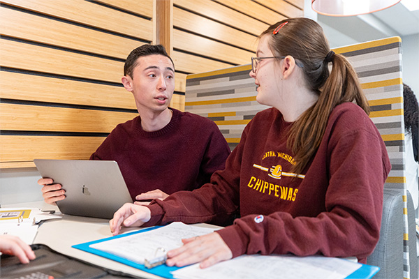 A male and a female student are seated in a booth working on a laptop. They are both dressed in CMU attire.