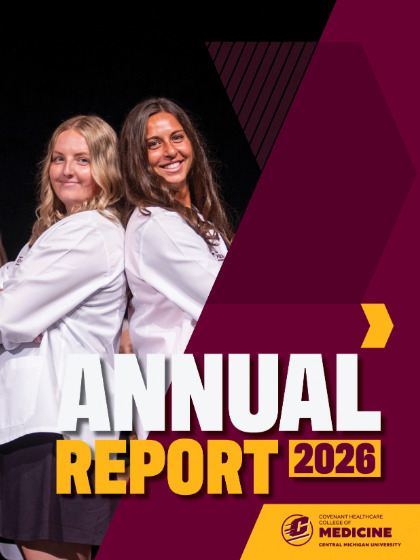 CMED Annual Report Cover 420x560 Annual report cover featuring two women in white lab coats smiling back-to-back on a dark background, a large maroon geometric shape, “ANNUAL REPORT 2026” text and the Covenant HealthCare College of Medicine logo on a yellow block.