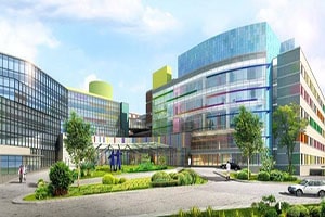 The Children's Hospital of Michigan, a colorful building with many iridescent panels.