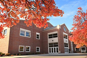 The main building at the Mount Pleasant campus, a large building made of bricks.