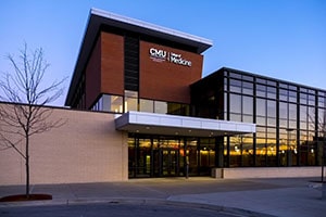 The education building in Saginaw at sunrise.