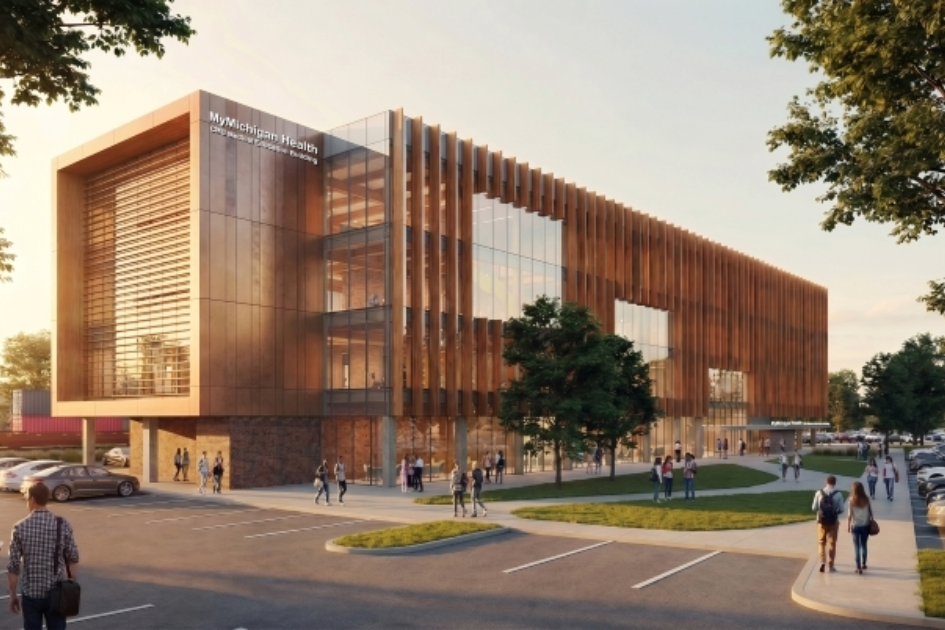 MyMichigan Health CMU MedEdBldg North view 2026 1080x720 An architectural rendering of a multi-story, modern building with a glass facade, vertical wooden louvers, and a copper-colored exterior frame. The building has the sign