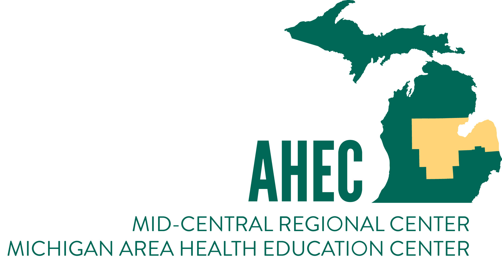 A green map of Michigan with the central region shaded in gold and labeled 