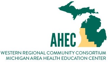 WRCC AHEC logo A green map of Michigan with the western region shaded in gold and labeled AHEC above the text Western Regional Community Consortium Michigan Area Health Education Center.
