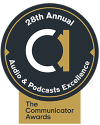 A blue and gold ribbon badge for The Communicator Awards.