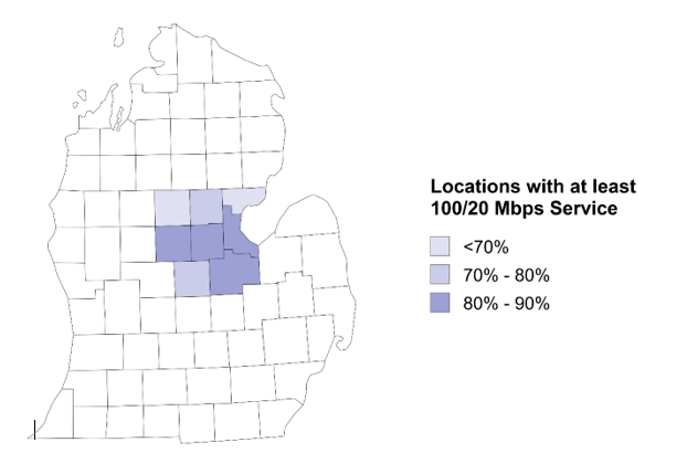 Lower peninsula of Michigan showing locations with at least 100/20 Mbps Service.