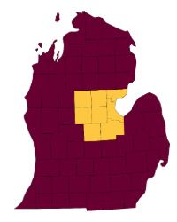 Lower peninsula of Michigan in maroon with the R5 Mitten region highlighted in gold.