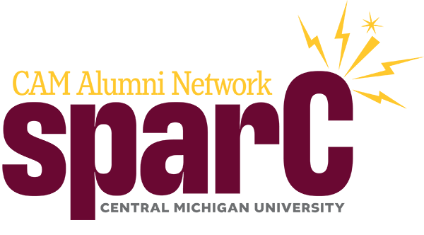 sparC logo. The title CAM Alumni Network is above the letters s p a r C. The C is adorned with spark-like symbols. Finally, the words Central Michigan University are below.