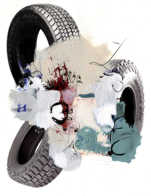 20260817_Barstow_MVenezky_002_300x389 Artwork by Martin Venezky. Three tires on a white background with paint and ink splotches.