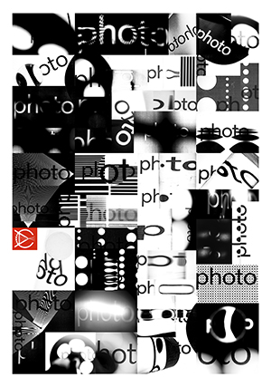 20260817_Barstow_MVenezky_003_300x427 Artwork by Martin Venezky, greyscale collage of the word photo with many fonts and backgrounds.