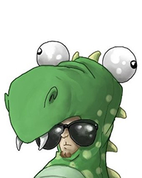 Andrew Sheneman's cartoon version of himself. He is wearing sunglasses in a dinosaur costume.