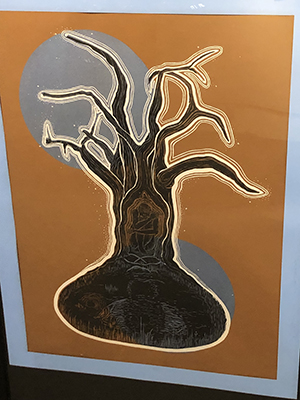 As Above, So Below, 2022, linoleum and screen print of a tree by Sienna Rogers