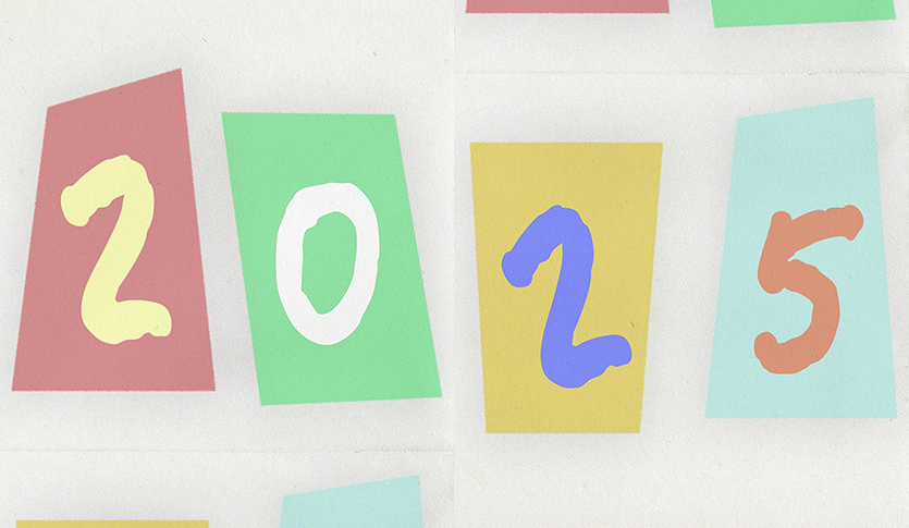 The year 2025 written out on a white back ground with multicolored tiles for each individual number