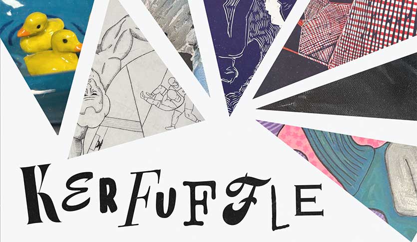 Poster for event, triangular cut outs of individual art pieces surround the word "Kerfuffle"