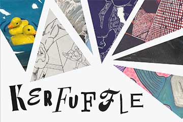 Poster for event, triangular cut outs of individual art pieces surround the word 