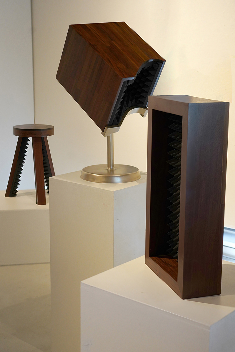 Sculptures by faculty member Jeremy Davis, wood, bronze and foam structures