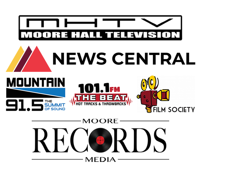 All CMU media logos, including MHTV Moore Hall Television, News Central, Mountain 91.5, Moore Records Media, 101.1 FM The Beat, and CMU Film Society