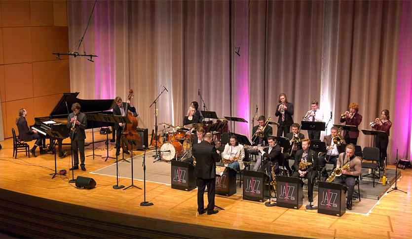 A picture of the Central Michigan University Jazz Lab 1 performing at Staples Family Concert Hall