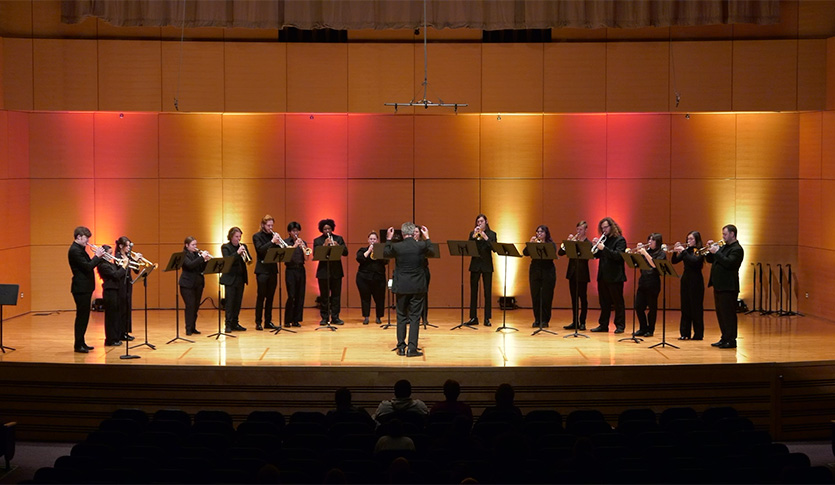 The CMU Trumpet Choir, under the direction of Dr. Neil Mueller, performing in Staples Family Concert Hall.