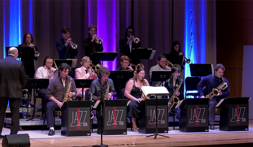 CMU Jazz Lab I, under the direction of Dr. Robbie Smith, performing in Staples Family Concert Hall.
