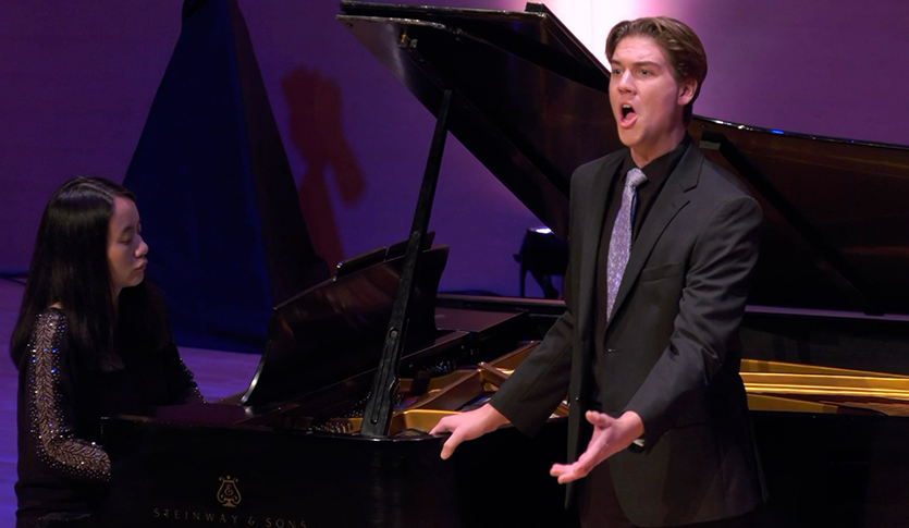 CMU vocalist Oliver Gottbreht and pianist Dr. Zhao Wang perform on stage at Staples Family Concert Hall.