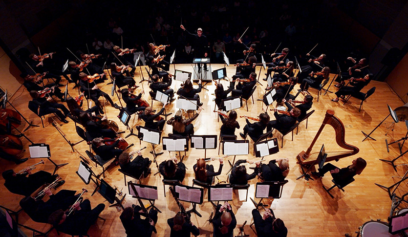 Arial shot of the Central Michigan University Symphony Orchestra: Keith Dodson, Conductor
