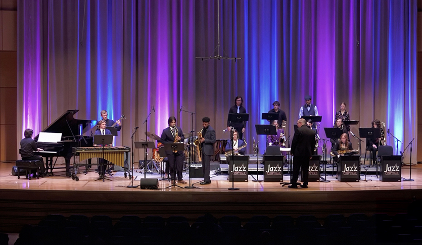 CMU Jazz Central, under the direction of Robbie Smith, performing in Staples Family Concert Hall.