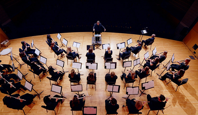The CMU Flute and Clarinet Choir performing in Staples Family Concert Hall.