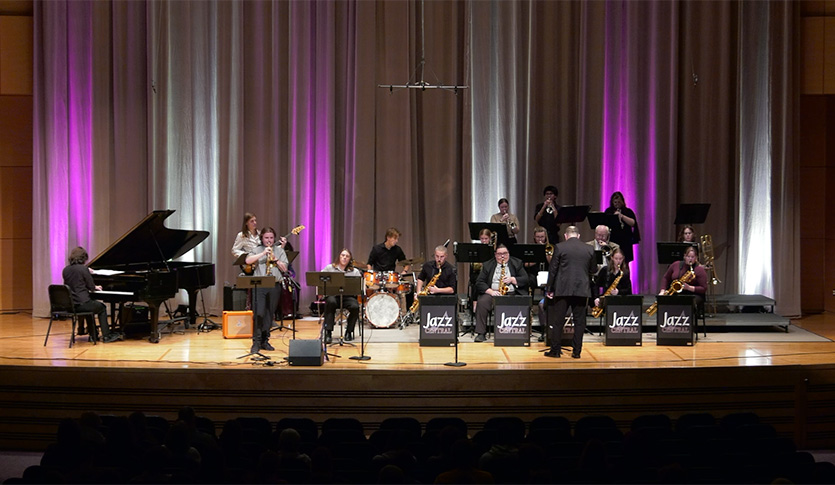 CMU Jazz Central performing in Staples Family Concert Hall under the direction of Professor Robbie Smith.