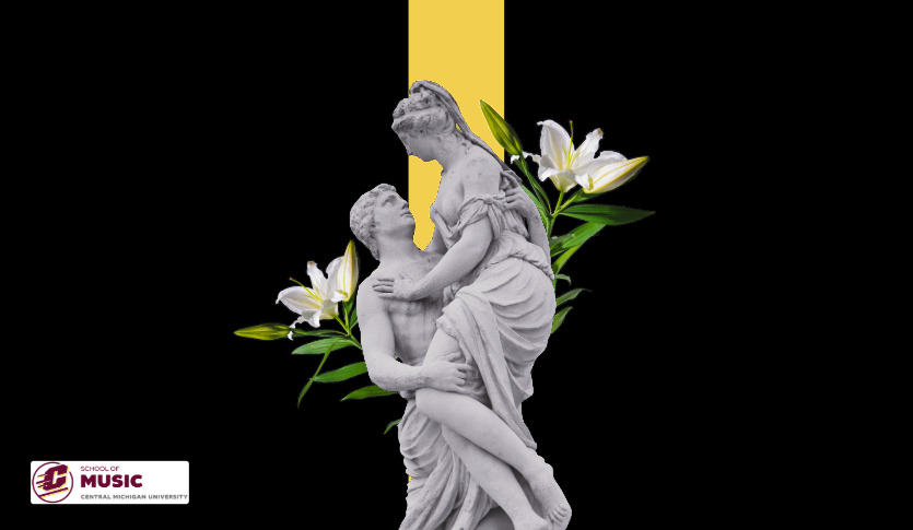 A statue of a man and woman embracing, flowers behind them with the School of Music logo on the bottom left