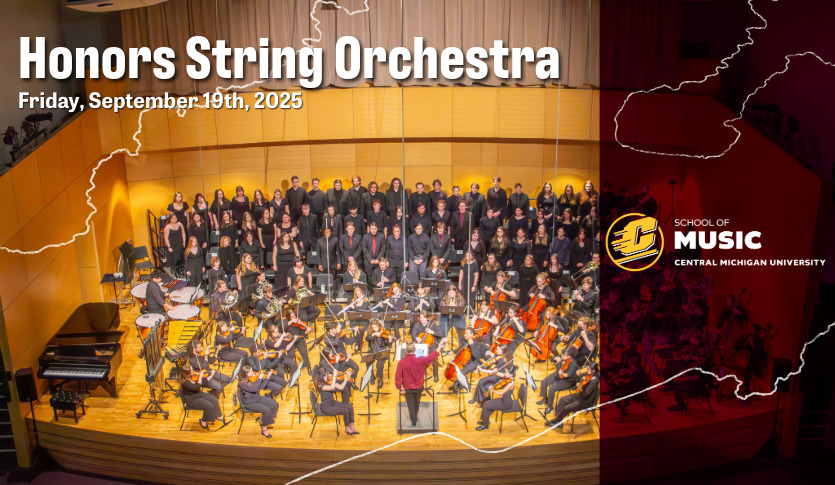 a group of musicians and choral singers performing with the text "Honors String Orchestra, Friday, September 19th, 2025"