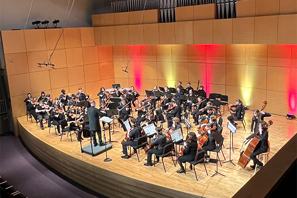The Central Michigan University Honors Orchestra performing at Staples Family Concert Hall.