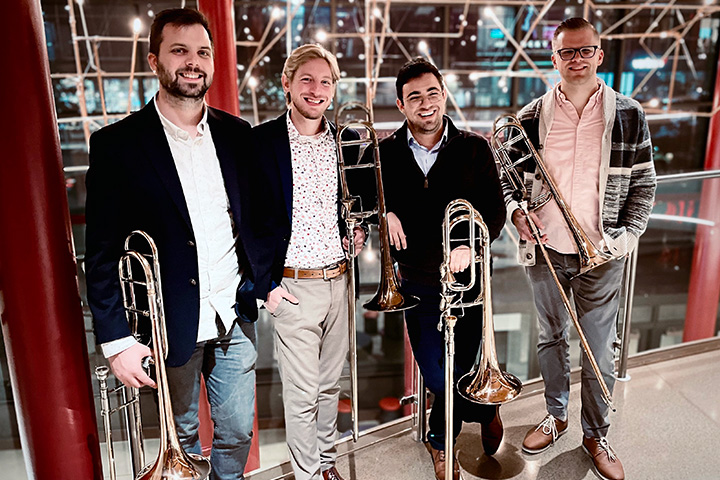 a picture of the Beltline Bones trombone quartet