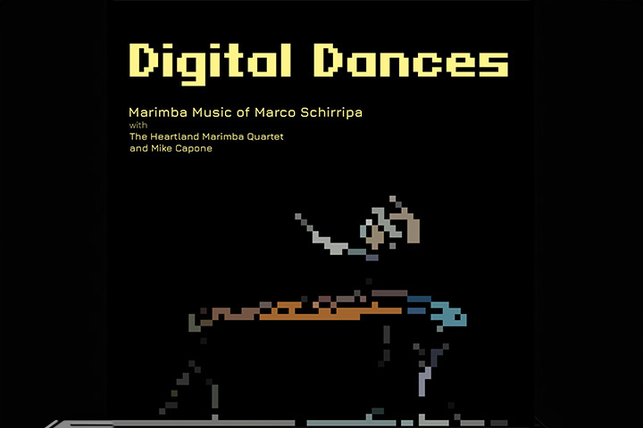 Abstract, pixilated cover art for an album with text that reads: Digital Dances |  Marimba Music of Marco Schirripa with The Heartland Marimba Quartet and Mike Capone