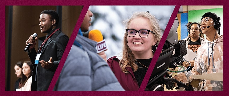 A collage of students from SCJM. One is a student presenting on a stage. Another is a student interviewing a peer. The third is two students working with a television camera in the studio.