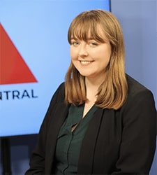 Headshot of Kylie Sczepanski in front of the CMU News Central logo