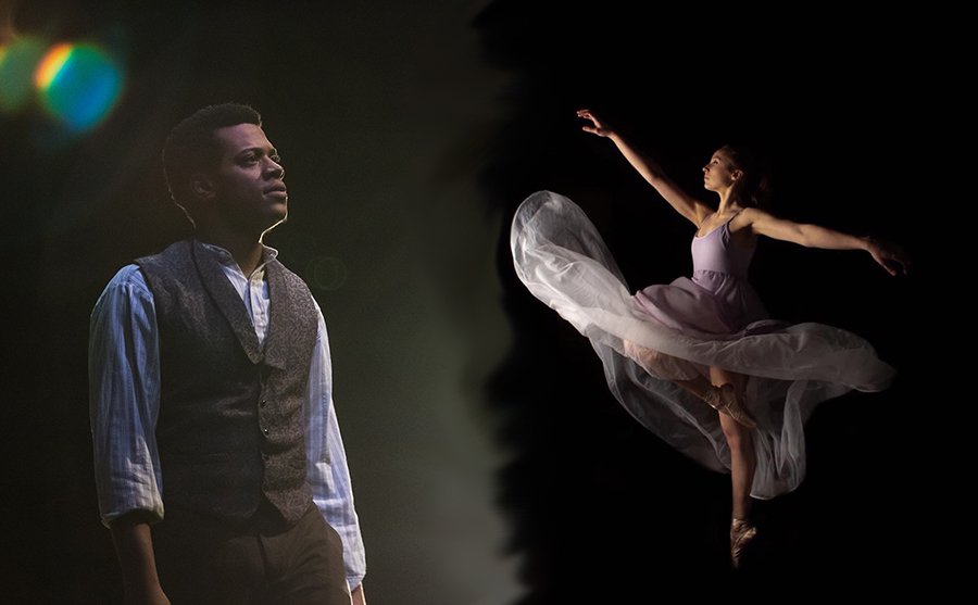 Two students performing, one in theatre and one in dance