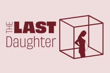 Logo on light pink background for theatre performance of "The Last Daughter" shows silhouette of a woman in a transparent cube