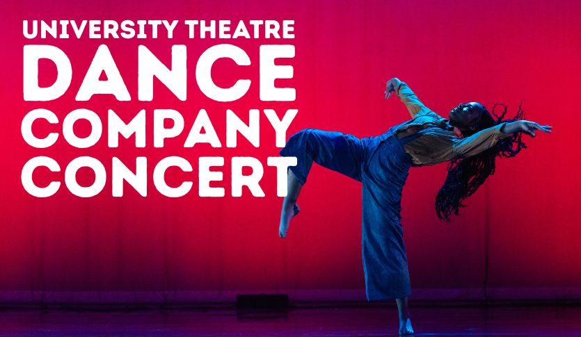 A photo of a woman dancing on a stage in front of a red curtain with white text reading University Theatre Dance Company Concert