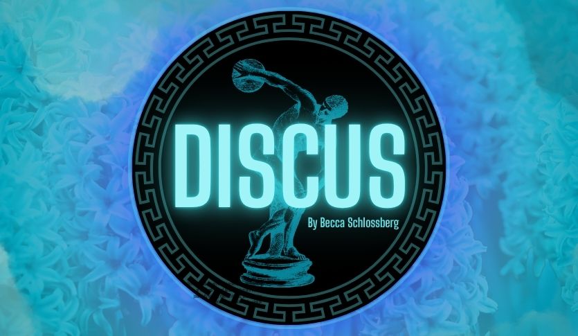 A turquoise and purple background with a hyacinth image, overlayed by the logo for Discus, featuring a discus thrower on a black circular background.