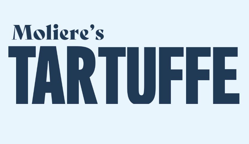 Logo for Moliere's Tartuffe. Dark blue block lettering against a light blue background.