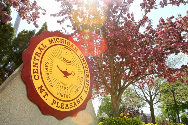 The statue of the official Central Michigan University seal