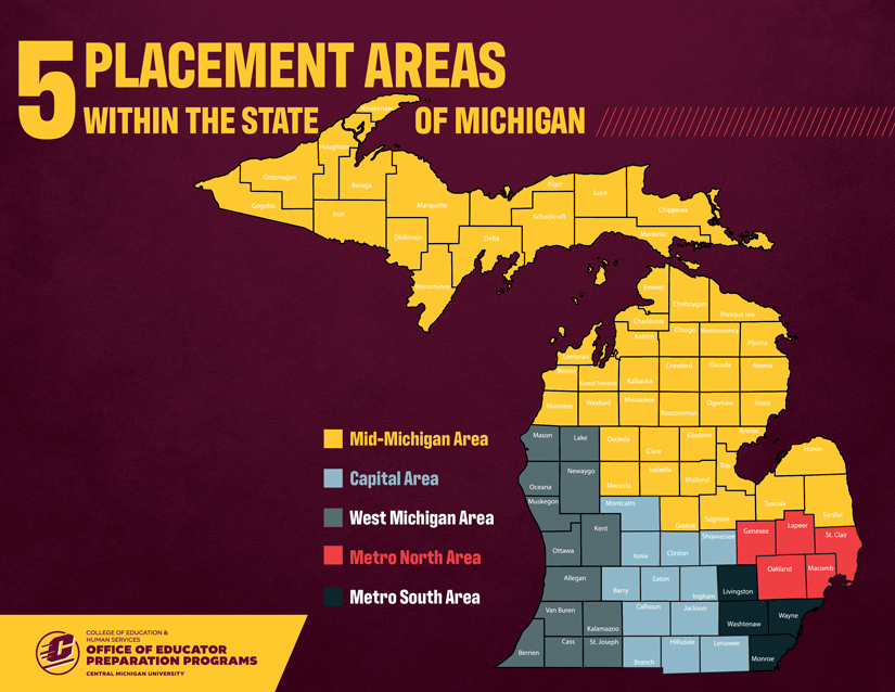 Michigan map of counties and student teaching areas