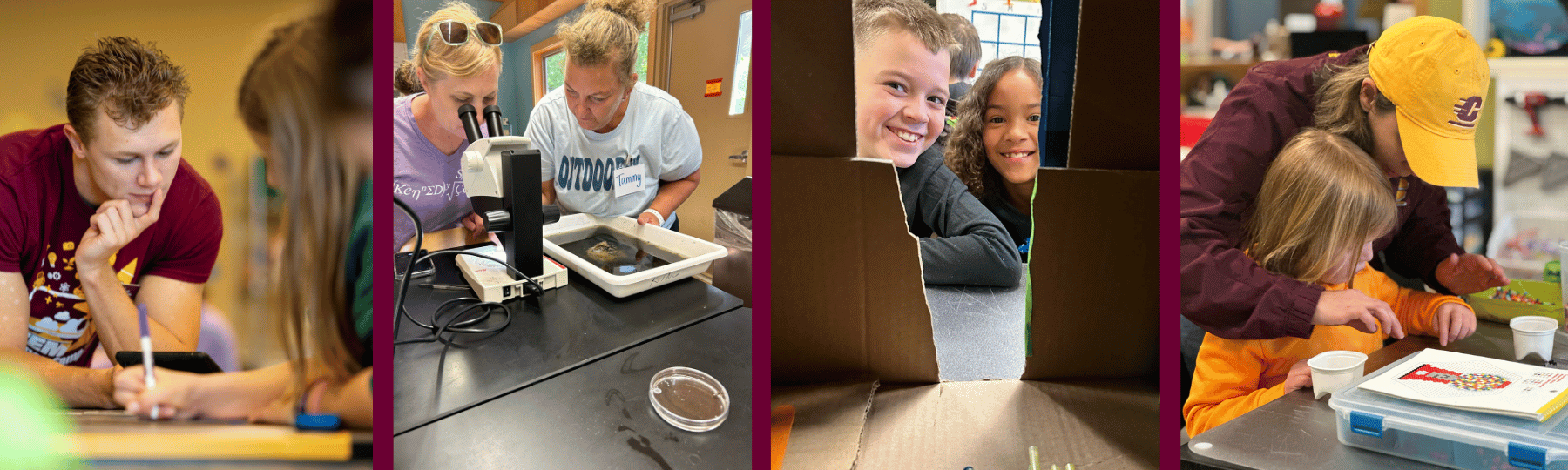four images. Image 1 shows a male college student leaning on a table to look at a student's work. Image 2: two teachers look into a microscope. Image 3: 2 elementary students look through a hole in cardboard. Image 4: a parent works with a child.