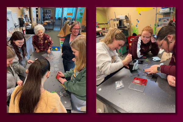 Two images on a maroon background. Both depict college students working in the makerspace.