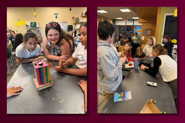 two images on a maroon background. Both images show CMU students working with K - 12 students in the makerspace.