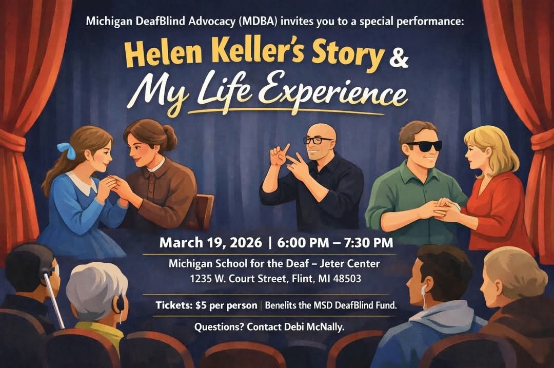 Flyer, Helen Keller Story and My Life Experience. Helen, Anne, an ASL interpreter, and 2 people sit on stage. 4 people sit in the audience watching the show.