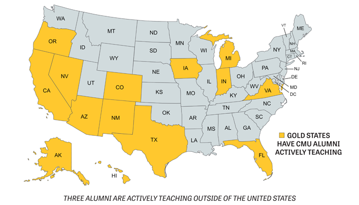 2021-2022 Map of the United States showing where alumni are teaching.