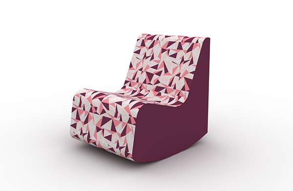 Computer image of upholstered chair with maroon and pink triangle pattern.